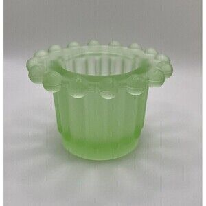 VINTAGE GREEN FROSTED GLASS Candle Holder, Ball Bead Rim, Footed, Votive